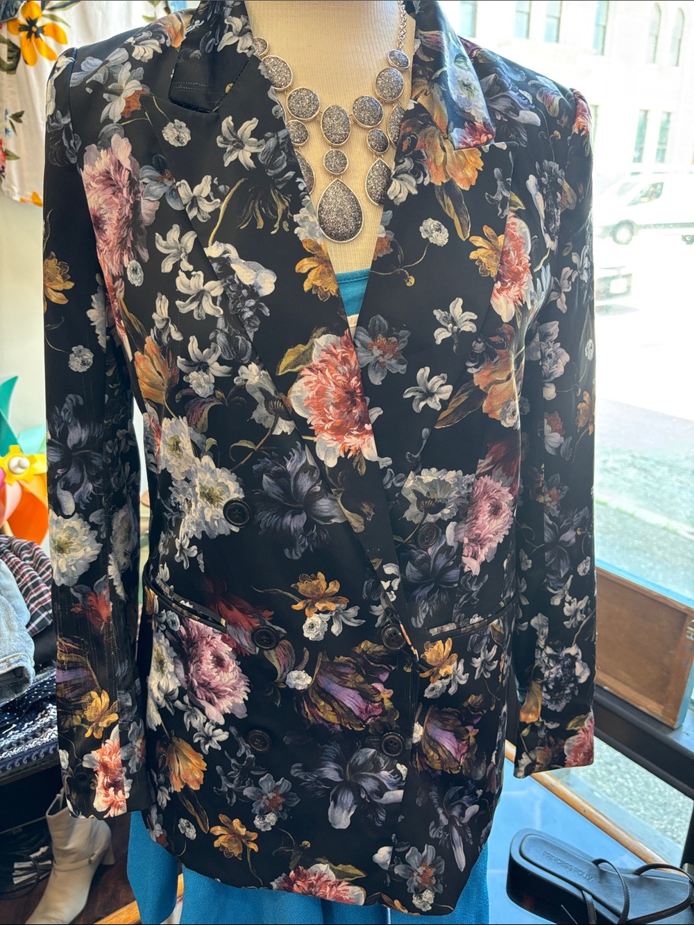 H&M Black Floral Double-Breasted Blazer
